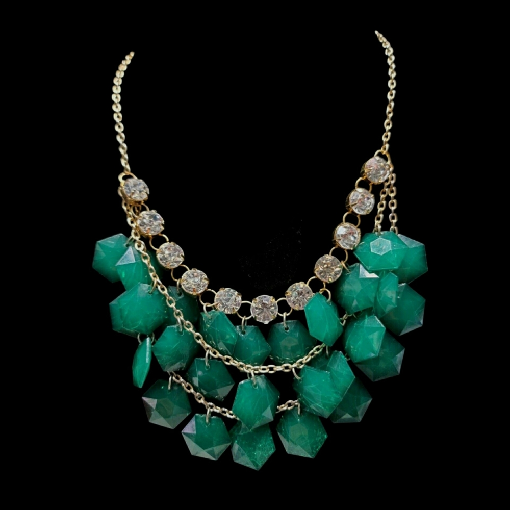 Elegant Green Multi Strand and Gold Statement Necklace